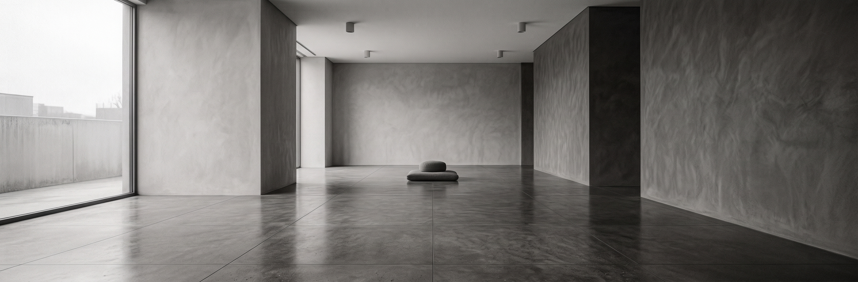 A quiet concrete room with a single meditation cushion at its center