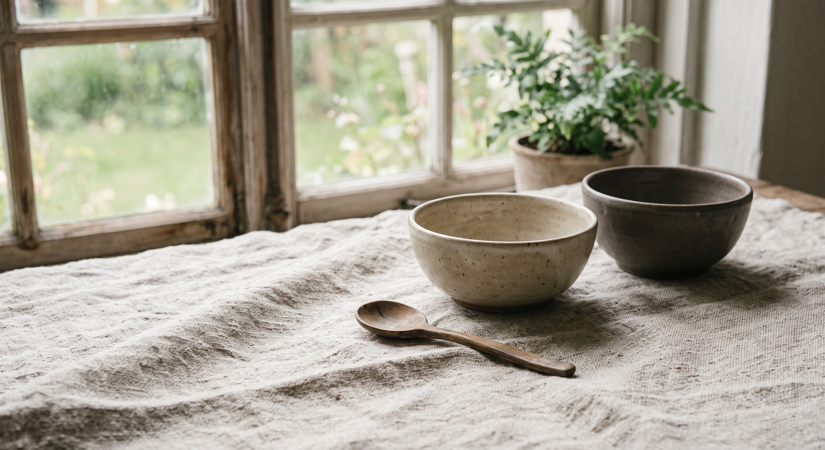 Ceramic bowls and a wooden spoon on linen beside a garden window